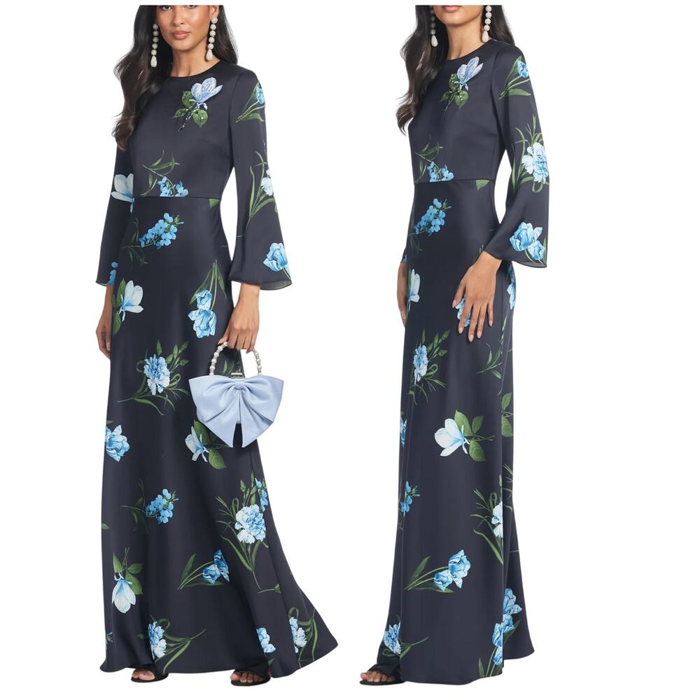 Sachin & Babi NWT Embellished Alex Gown Sz 2 Night Sky Blue Oculata Satin Crepe - Picture 2 of 13